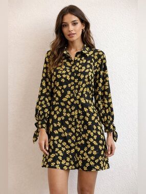 Derek Lam 10 Crosby Black Yellow Floral Pleated Shirt Dress Size M